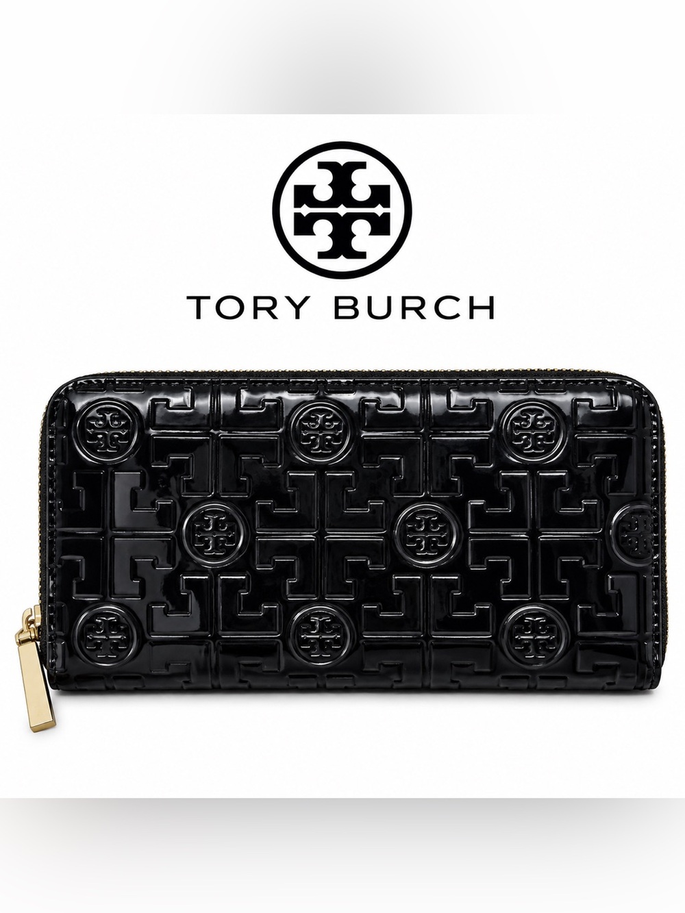 Tory Burch Black Patent Leather Embossed Logo Zip Around Continental Wallet